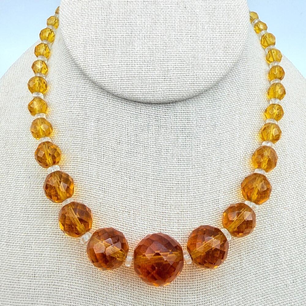 Vintage Graduated Faceted Topaz Color Glass Bead Crystal Choker Necklace 15"